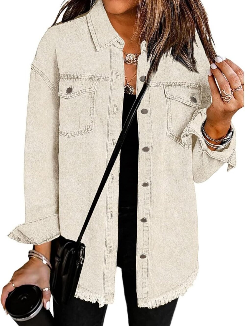 Oversized Button-Up Denim Shacket with Frayed Hem - Trendy Jean Jacket for Women